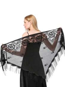 1pc Elegant Fashionable Hollow Out Tassel Design Lace Shawl For Banquet