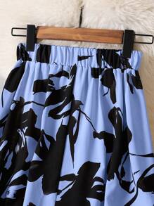 女式花卉印花松紧腰长款休闲裙 - 淺藍色 - 查看 4