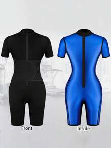 女士四合一桑拿汗蒸服，适合成人全身脂肪锻炼减肥塑身腰部训练器压缩短袖短裤连体衣，带拉链塞和可调节腰部修身腰带，女士户外跑步桑拿汗蒸服