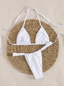 New Solid Color Halter Neck Tie-Up Elegant Sexy Micro Triangle Bikini Set, Women Fashion Beach Swimwear