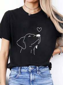 Dog With Heart Tee ,Casual Print,Comfortable And Versatile,Letter Pattern Pure Cotton 220g Printed T-Shirt