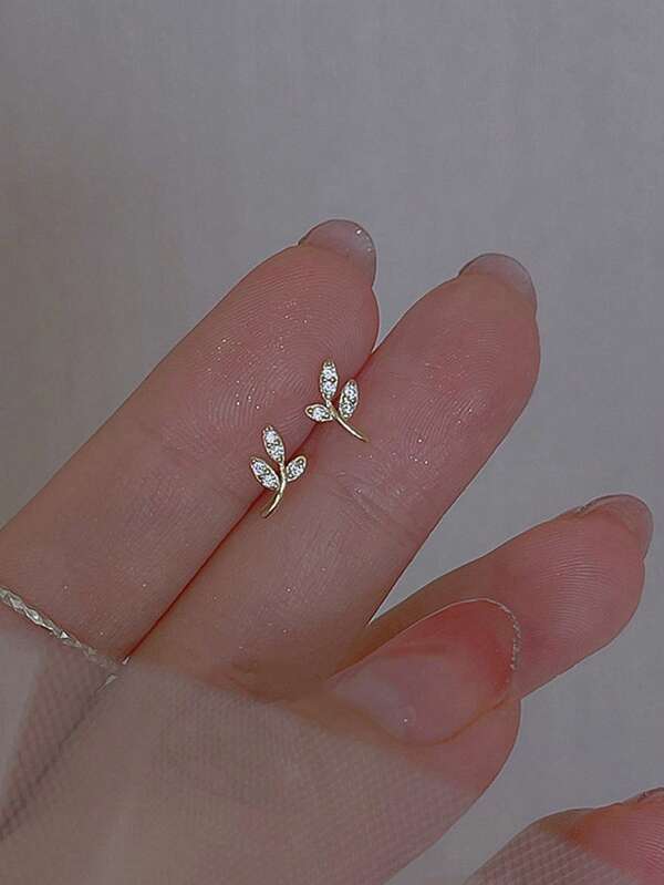 1 Pair Olive Branch & Leaf Zirconia Stud Earrings For Women, Fashion Personalized Luxury Style Delicate Earrings Suitable For Daily Wear