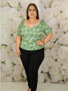 Blusa con escote de corazón y estampado tropical talla grande - Verde - Ver 3