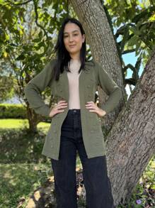 Knitted Cardigan With Polka Dots - Olive Green - View 2