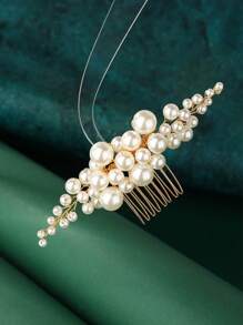 优雅珍珠婚礼发梳 新娘侧梳 新娘发饰 女士和女孩适用 (金色) - 金色 - 查看 4