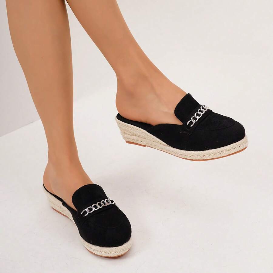 Women's Comfortable Non-Slip Apricot Jute Rope Black Platform Wedge Sandals, Spring & Summer Resort Wear - Black - View 1