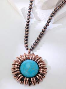 1 对西部牛仔风格夸张向日葵绿松石吊坠项链/毛衣链女士款