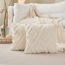 2 pièces Housses de coussin décoratif en fausse laine pour Noël, doux, peluche, court, en polaire, motif carré, taies d'oreiller unies pour canapé, lit, salon