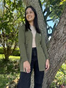 Knitted Cardigan With Polka Dots - Olive Green - View 1