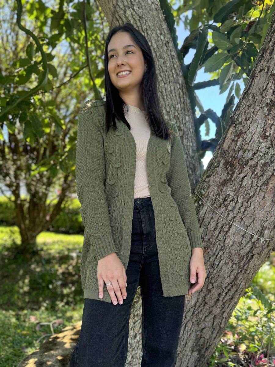 Knitted Cardigan With Polka Dots - Olive Green - View 1