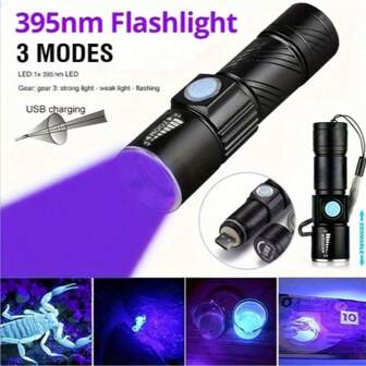 1/2 piezas Linterna UV de 395 nm con zoom recargable por USB, luz ultravioleta para detección de orina de mascotas y curado de iluminación