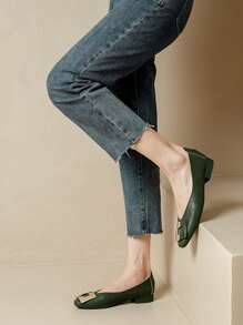 Mocasines lisos de estilo casual de vacaciones para mujer con decoración de bloque de color y hebilla, unicolor - Verde - Ver 9