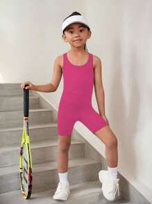 1pc Girls Magenta Yoga Exercise Gymnastics Sports Unitard Shorts, Elastic Tight Comfortable Leggings
