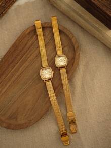 1 pieza Nuevo reloj de cuarzo de lujo y estilo retro para mujer, correa trenzada de acero inoxidable, esfera rectangular grabada con números romanos, adecuado para uso diario, diseño minimalista, elegante y artístico, excelente regalo para cumpleaños o San Valentín