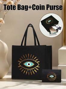 Set de bolso tipo tote con estampado de ojo maligno: Bolso tote para mujer con un neceser a juego, bolso grande de gran capacidad y sencillo, bolso de mano casual y portátil, bolso de compras multifuncional, neceser de viaje, apto para bodas, trabajo, desplazamientos, cumpleaños, vacaciones, playa, vuelta al colegio, uso diario, es un regalo ideal para mujeres, madres, profesores, amigos, damas de honor, estudiantes, regalo del Día del Maestro, regalo del Día de la Madre, el regalo perfecto para familiares y amigos