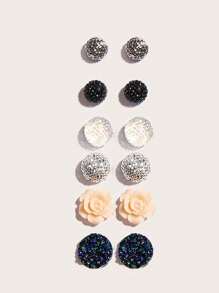 6 Pairs Luxurious Crystal Flower Stud Earrings Set, Simple Fashion Casual Daily Wear