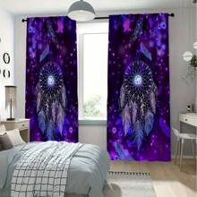 2PCS Dream - Catcher Printed Curtain, Mysterious And Dreamy Style, Purple Starry - Sky Background With Stars And Feathers Embellishment, Rod - Pocket Included, Suitable For Home Decor In Living Rooms, Bedrooms, Children's Rooms, Studies, Etc.