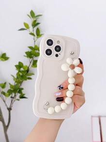 Białe etui na telefon 1 szt. Modne faliste etui na telefon TPU odporne na wstrząsy z dekoracją bransoletki z pereł DIY, kompatybilne z 11 12 13 14 15 Pro Max 16 Plus