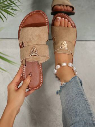Women's Flat Slides Metal Leopard Head Decor Suede Patchwork Strap Design Khaki Beach Sandals, Elegant Quality Vacation Style For Summer