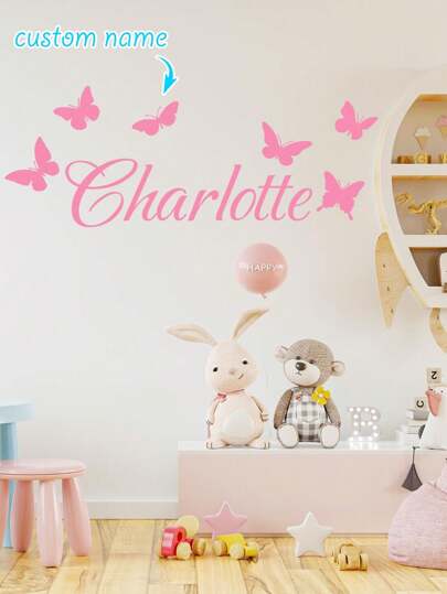 1pc Diy Personalize Custom Name Pink Butterfly & Love Wall Sticker Home Decoration Accessories Decor Living Room Bedroom Removable Vinyl Art Decal