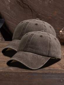 2pcs Unisex Solid Color Adjustable Washed Baseball Cap, Casual Outdoor Fashion - Brown+Brown - View 2