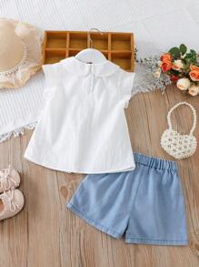 Bloemenborduurwerk Ruffle Collar Cap Sleeve Shirt En Shorts Casual 2-delige outfit voor jonge meisjes