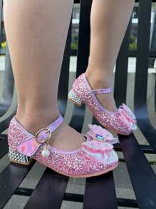 Giày cao gót lấp lánh đính ngọc trai pha lê trắng cho bé gái, thời trang và đa năng cho mọi mùa - Hồng - Xem 2