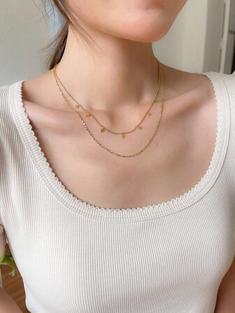 2 件/套女士不锈钢金色双层多钻流苏和闪亮花瓣链项链