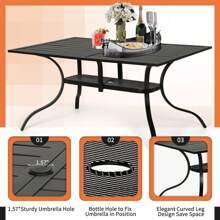 Outdoor Patio 2 Tiers Black Iron Steel Slatted Dining Table With Umbrella Hole For 6 Person - 60" X 37" - 黑色 - 查看 4