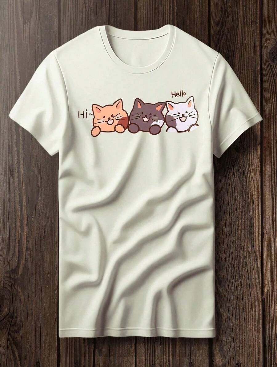 Camiseta Streetwear Gatinhos Falando Oi Estilo Tumblr - Lançamento - Bege - Visão 1