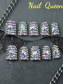 10pcs 100% Handmade New Duck Mouth Nail Enhancement Set Explosion Flash Rhinestone Nail Jewel Full Coverage Design Removable Reusable Nail Enhancement Unique Nail Enhancement Art Party Wedding Necessary Fashion Accessories Girl Gift Preferred Nail Enhancement Products Including Nail File Nail Gel
