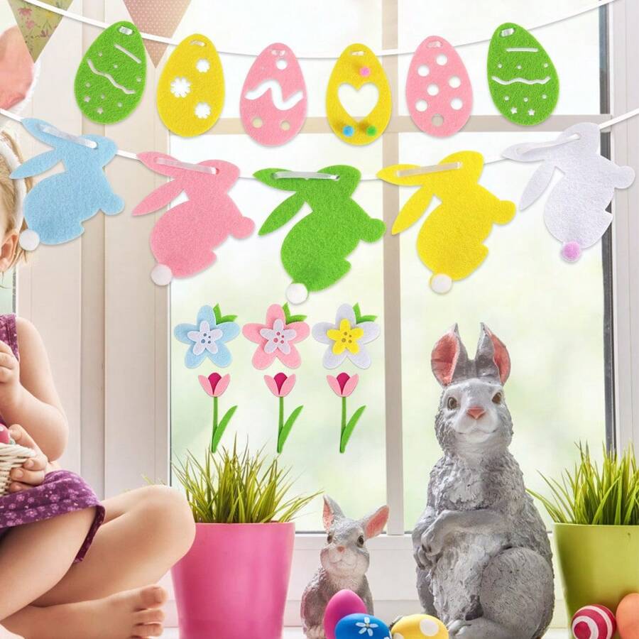 1 pieza Banderín con forma de huevo de Pascua, conejo y flor de fieltro, decoración de fondo no tejida para fiesta de Pascua, calcomanía de ventana con pollito y lirio