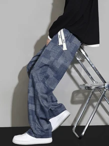 男款针织格纹直筒休闲裤