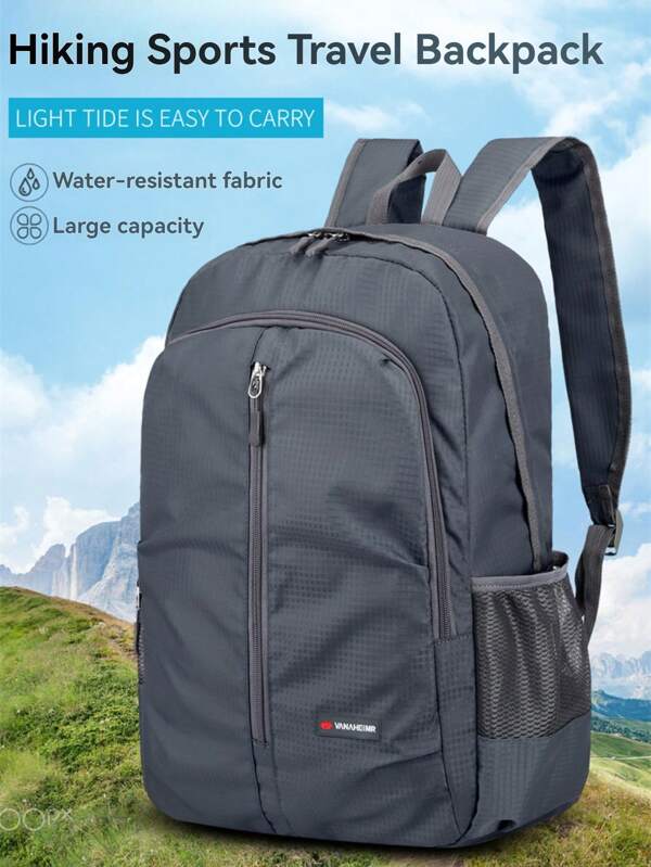 Large Capacity Foldable Backpack - Multi-Layer Polyester, Adjustable Shoulder Strap, Breathable Mesh Side Pockets, Suitable For Summer Travel, Hiking, Camping, Sports, And Commuting