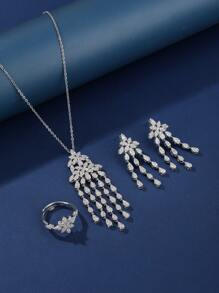4 Stücke Set aus Kupferlegierung mit Blumen-Quasten-Design, Multi-Zirkonia Modeschmuck, elegant & luxuriös, geeignet als Geschenk, für Damen Alltag & festliche Anlässe