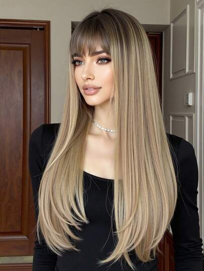 Peluca rubia de estilo ombré elegante, pelucas rectas para mujer, peluca sintética rubia de estilo ombré con flequillo, elegante y bella peluca sintética resistente al calor de aspecto natural para uso diario y de fiesta