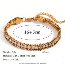 1pc Stainless Steel Women's Fashionable Minimalist INS Style 18K Plated Triple-Layer Zirconia Bracelet, Suitable For Dates, Parties, And Office Wear - Yellow Gold - View 6
