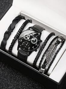 5pcs Men's Fashion Quartz Watch Set - Vintage Style Leaf Beaded Handmade Braided Bracelet, PU Leather Watch With Precise Analog Display, Comfortable, Ideal Gift For Him, Suitable For Casual & Sports