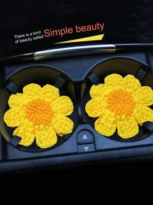 2pcs Hand-Knitted Flower Cup Coasters, Cute Daisy Floral Car Cup Mat Handmade Coasters For Car Interior Decor - one-size - View 6