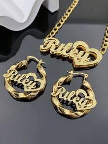 1 Pair Of DIY Custom Double-Layer Welded Name Letter Earrings, Men's And Women's Large Heart-Shaped Earring Pendants, Thick Earrings, Customizable Name Simple Daily Style, Keychain, Products Include Gift Boxes, Valentine's Day Gifts, Birthday Gifts, Mother's Day Gifts, Daily Gifts - Gold - View 16