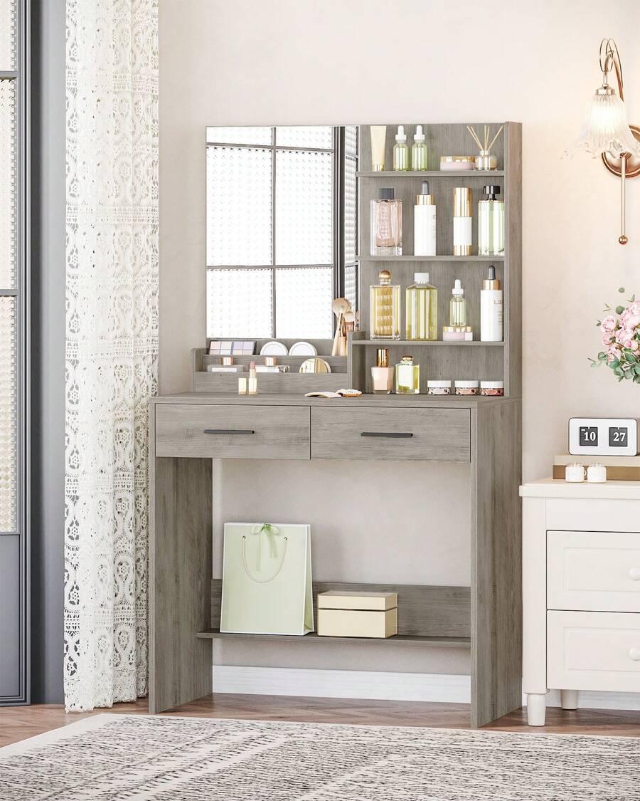 HaluPeit Tocador, Mesa de Maquillaje con Espejo Grande, tocador de Maquillaje con 4 estantes Abiertos y 2 Compartimentos, 2 cajones, para Dormitorio, salón, Blanco - Gris - Ver 1