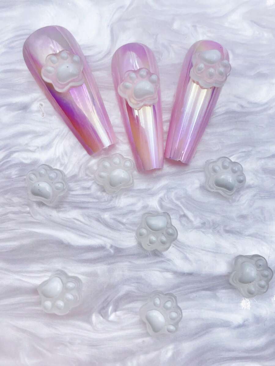 30 款卡通可爱猫爪印花扁平甜美半透明 DIY 无味抗过敏美甲手工配饰，适合女士和女孩情人节圣诞礼物， - 白色 - 查看 1