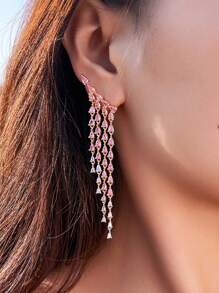 1 Đôi bông tai dài sang trọng đính đá Cubic Zirconia màu hồng tuyệt đẹp, kiểu dáng tua rua hình giọt nước, thích hợp cho đám cưới, tiệc cưới, trang sức dự thi sắc đẹp dành cho nữ, thiết kế độc đáo. - Hồng - Xem 4