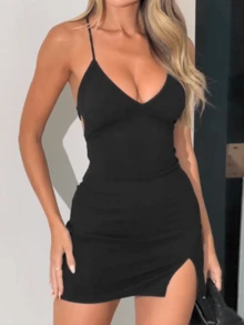 Abito a canotta da donna con scollo a V e schiena scoperta, tinta unita, basic, autunno