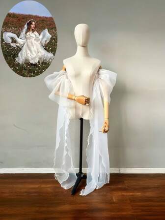 1 双女式长水晶欧根纱袖，可拆卸臂套，适用于婚礼新娘礼服、连衣裙、角色扮演、派对、摄影配件、道具秋季配饰