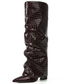 Shark Boots Women's Knee High Boots Fold Over Boots Slouchy Chunky High Heels Shoes Wide Calf Pointed Toe Shoes - 紅色石頭紋 - 查看 10