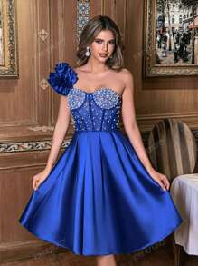 Faeriesty Elegant One-Shoulder Satin Cocktail Dress With Rhinestone & Beaded Bodice | Party Evening Gown For Wedding Guest, Formal Events