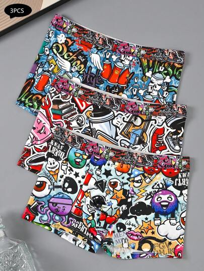 3PCS Men's Underwear Random Random Graffiti Print Fashion Boxer Briefs