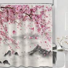 1pc Sakura Flower Pattern Shower Curtain, Asian Floral Design, Asian Chinese Landscape Style Bathroom Decor, Autumn Decoration, Bathroom Accessories, Back To School - Multicolor - View 2