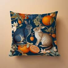 1pc Vintage Morris Style Rabbit Print Pillow Case, Single-Sided Peach Velvet Fabric, 45*45CM/18*18inch Cushion Cover, Suitable For Modern Minimalist Sofa, Living Room Decor, Gift